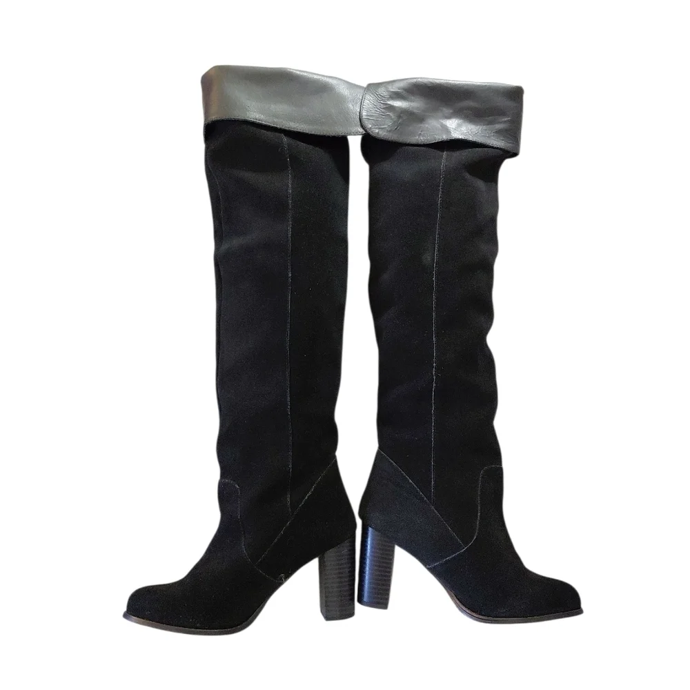 Black Convertible Over The Knee Boots Heeled Black Suede Thigh Highs Sz 6